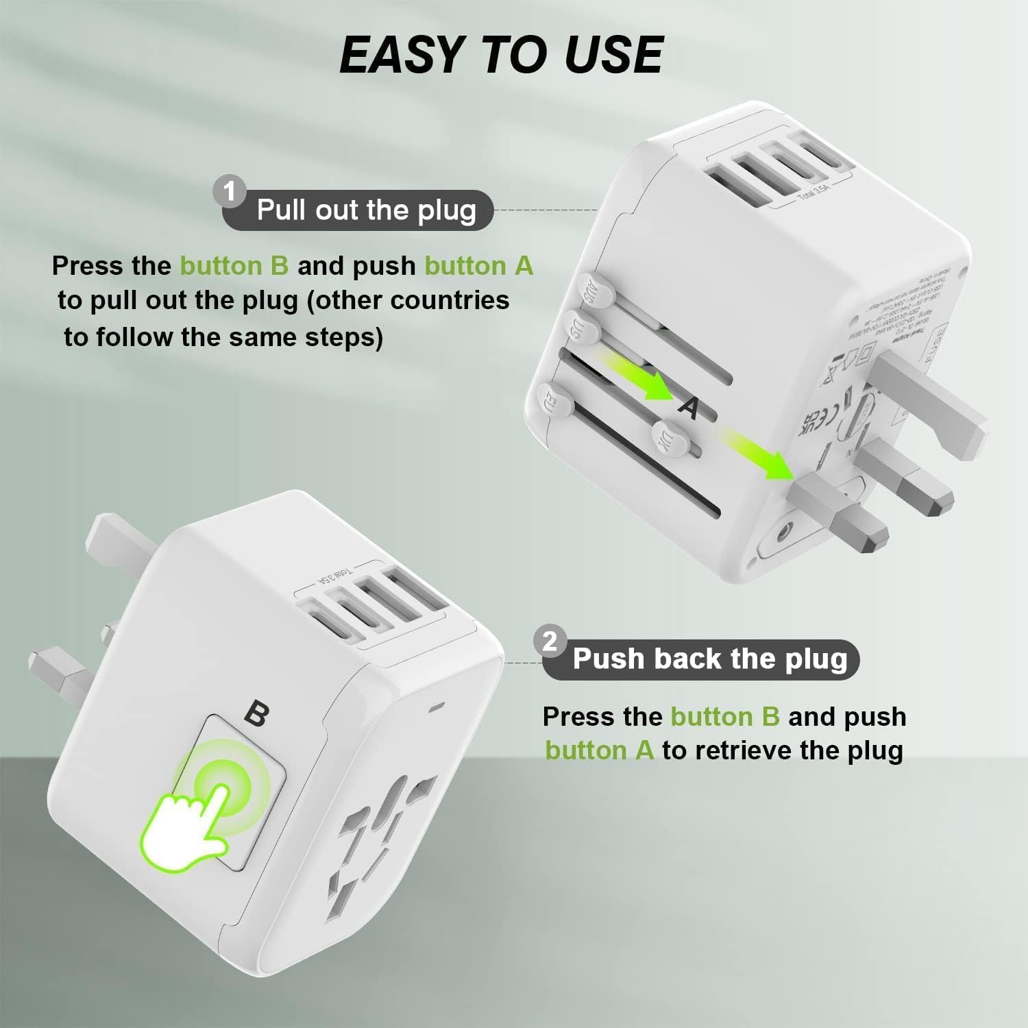 Universal International Power Travel Plug Adapter, 5 in 1 European Travel Plug Adapter W/ 3.5A 2Xusb-A and 2Xusb C Wall Charger and Worldwide AC Outlet for Europe USA UK AUS Asia